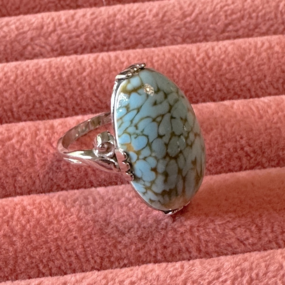 Vintage Faux Turquoise Mid Century Modern Statement Ring SZ 5 3/4 Elongated Oval - Picture 10 of 17
